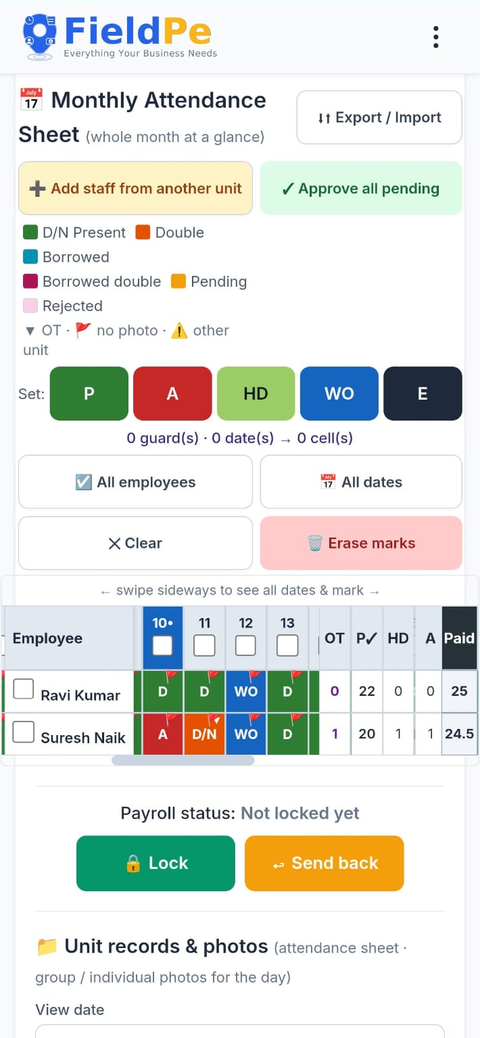 FieldPe Android app — monthly attendance sheet