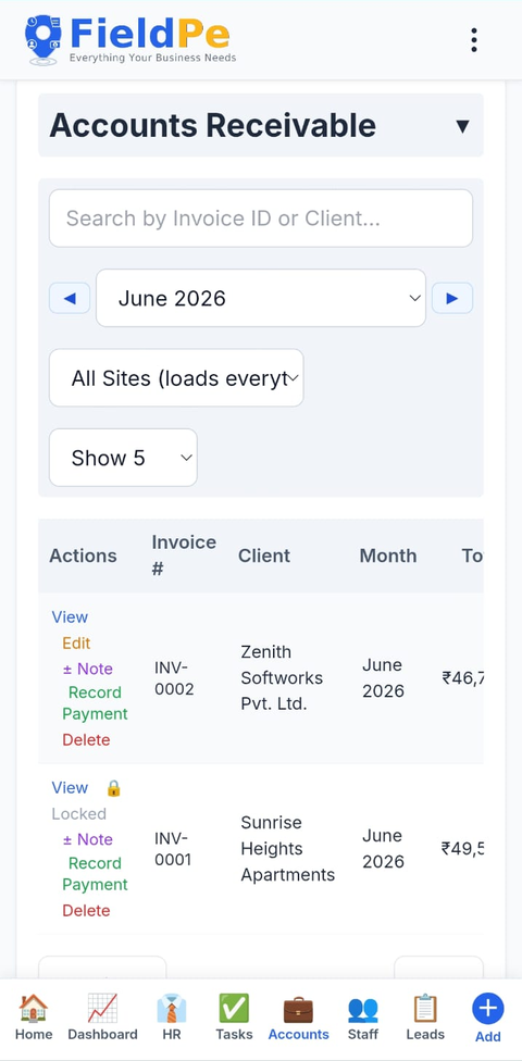 FieldPe Android app — accounts receivable and invoices
